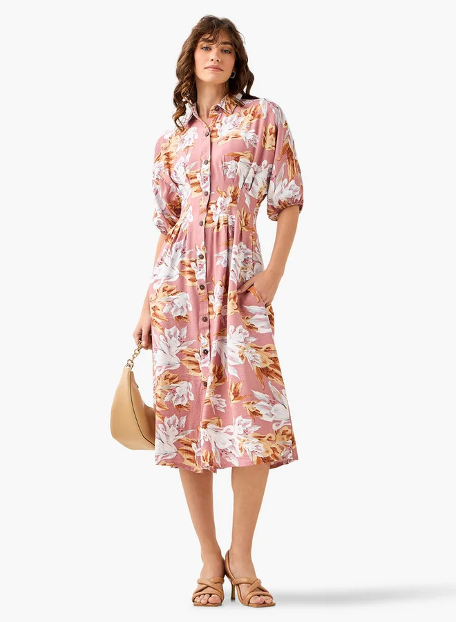 سبلاش فيڤ Floral Print Shirt Style Women Dress with Collar Viscose